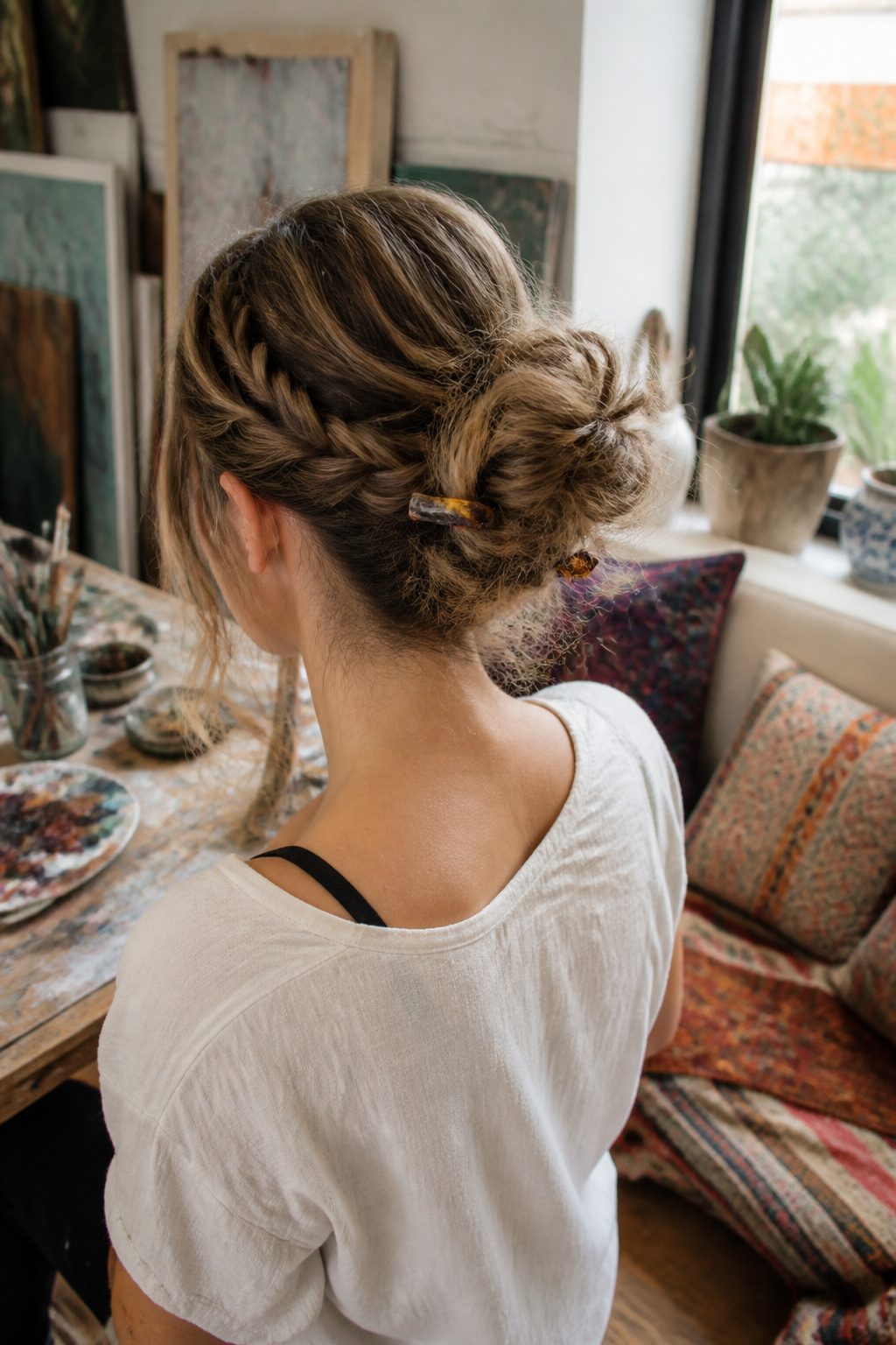 Messy bun with a side braid held together by small barrettes in a studio.