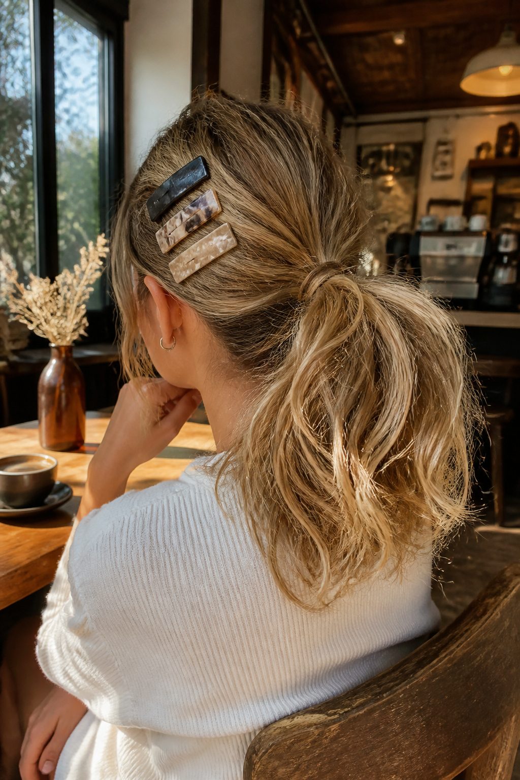 Messy ponytail with Jumbo Box Clips securing hair in a cozy coffee shop.