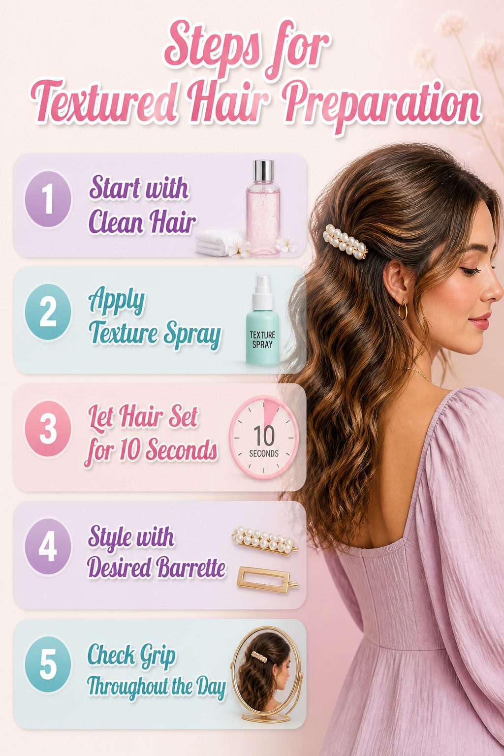 Instructions for using texture spray on hair to secure barrettes.