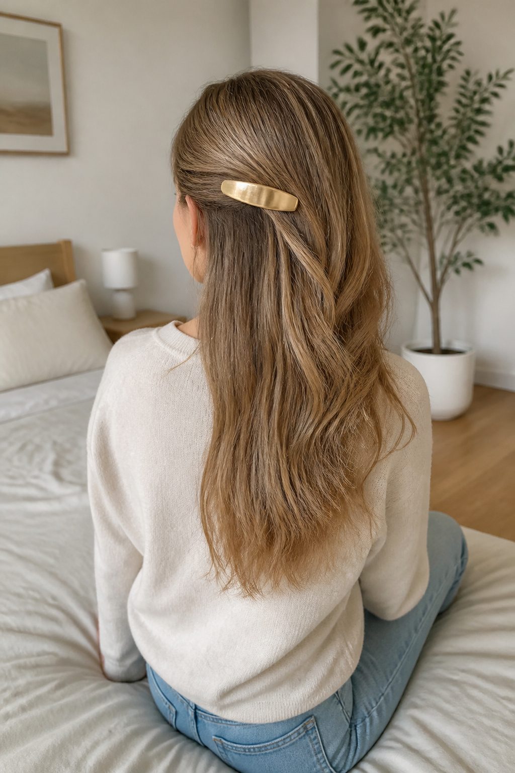 Woman with hair flowing over one shoulder, secured by a French barrette.