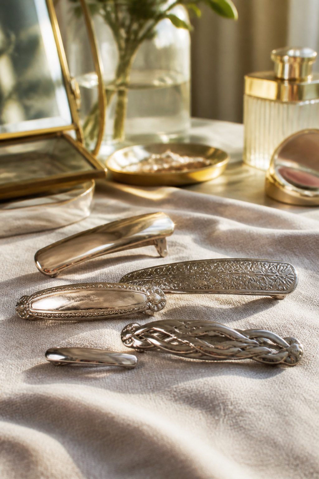 Different sizes of hair barrettes displayed on a textured fabric background.